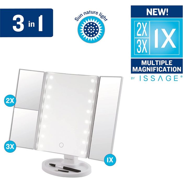ISSAGE - MIR.LED.SUN.TRIPLE - 3-in-1 folding makeup cosmetic mirror with LED<h2>Triple folding mirror with LED light</h2>

<div style=margin-left:30px;>
<ul>
<li type=disc>4 mirrors with different sizes and multiple magnifications: 1x, 2x and 3x</li>
<li type=disc>Dimmable LED light from 300 to 1,000 LUX</li>
<li type=disc>Perfect viewing angle</li>
<li type=disc>Multi-function touch control</li>
<li type=disc>360 degree rotating frame</li>
<li type=disc>180 degree rotation</li>
<li type=disc>Sun Nature LED Light technology to simulate outdoor light</li>
<li type=disc>Requires 4 AAA batteries (not included)</li>
<li type=disc>Standing base with cosmetic storage space</li>
<li type=disc>Dimensions when open: 31.
 6x23.
 2 centimeters</li>
<li type=disc>Dimensions closed: 16x23.
 2 centimeters</li>
</ul>
</div>


Makeup mirror with LED light 3 in 1 that achieves, with Issage's Sun Nature technology, that you see the colors of your face the same as with outside light, without shadows or hidden details.