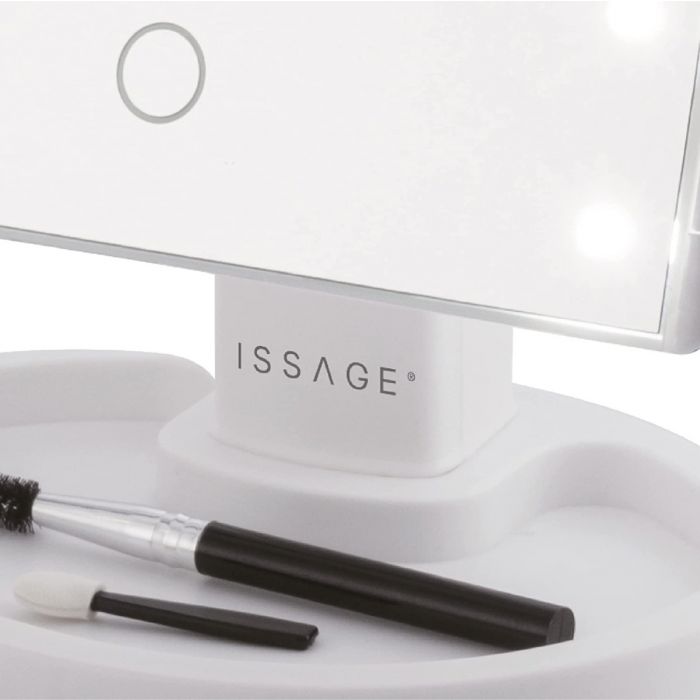 ISSAGE - MIR.LED.SUN.TRIPLE - 3-in-1 folding makeup cosmetic mirror with LED<h2>Triple folding mirror with LED light</h2>

<div style=margin-left:30px;>
<ul>
<li type=disc>4 mirrors with different sizes and multiple magnifications: 1x, 2x and 3x</li>
<li type=disc>Dimmable LED light from 300 to 1,000 LUX</li>
<li type=disc>Perfect viewing angle</li>
<li type=disc>Multi-function touch control</li>
<li type=disc>360 degree rotating frame</li>
<li type=disc>180 degree rotation</li>
<li type=disc>Sun Nature LED Light technology to simulate outdoor light</li>
<li type=disc>Requires 4 AAA batteries (not included)</li>
<li type=disc>Standing base with cosmetic storage space</li>
<li type=disc>Dimensions when open: 31.
 6x23.
 2 centimeters</li>
<li type=disc>Dimensions closed: 16x23.
 2 centimeters</li>
</ul>
</div>


Makeup mirror with LED light 3 in 1 that achieves, with Issage's Sun Nature technology, that you see the colors of your face the same as with outside light, without shadows or hidden details.
