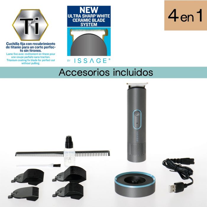 ISSAGE - SHARP-CERAMIT - Cordless hair and beard trimmer with ceramic and titanium blades and 4 interchangeable guide combs<h2>4-in-1 cordless hair clipper set for men created to last and to offer good performance for a long time</h2>

<div style=margin-left:30px;>
<ul>
<li type=disc>2-hour fast charge and more than 90 minutes of autonomy</li>
<li type=disc>LED light to show battery charge level</li>
<li type=disc>Includes 4 guide combs (heads) of 3, 6, 9 and 12mm, 1 cleaning brush, 1 hair and beard comb and 1 gel/lubricating oil for the blades</li>
<li type=disc>Easy to clean detachable blade</li>
<li type=disc>Charging base with USB cable included</li>
<li type=disc>600 mAh lithium rechargeable battery</li>
</ul>
</div>


Maximum precision cutting and trimming with a new blade system.
 A fixed blade with titanium coating and the other mobile blade made entirely of ultra-sharp and durable ceramic.



For both dry and wet hair!