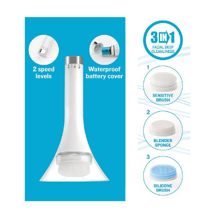 ISSAGE - DIVSKI - 3 in 1 Ultrasonic Facial Cleanser<h2>Get a deeply cleaner skin</h2>

<div style=margin-left:30px;>
<ul>
<li type=disc>3,000 sonic vibrations per minute</li>
<li type=disc>includes 3 interchangeable brushes.
 Soft brush, flexible sponge and silicone brush</li>
<li type=disc>2 speeds for personalized treatment</li>
<li type=disc>Water resistant (resistance degree IPX4)</li>
<li type=disc>Requires AA batteries (not included)</li>
</ul>
</div>

<b>Removes dead cells and deep cleanses the pores</b> thanks to the combination of its 3 interchangeable brushes.



<b>SOFT BRUSH</b>
Micro brush with 0.
 05 millimeter diameter filaments.

Deeply and gently cleanses the pores.



<b>FLEXIBLE SPONGE</b>
To apply your facial hygiene products gently and effectively.

It can also be used for an even application of liquid makeup.



<b>SILICONE BRUSH</b>
Removes makeup and dirt leaving skin clean and fresh.


The brush helps relieve skin fatigue and reduce fine lines.