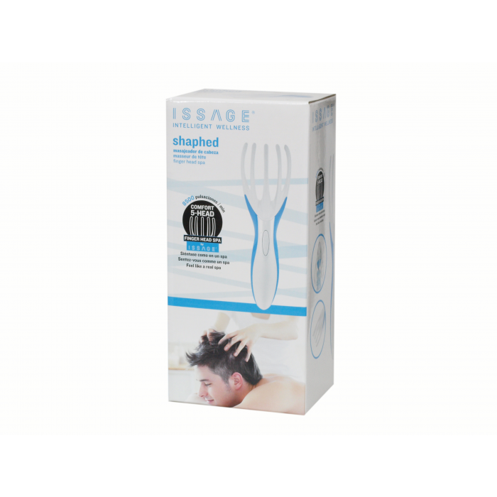 ISSAGE - SHAPHED FINGER HEAD SPAApply a relaxing spa treatment to your scalp with the finger head spa shaphed.
 Designed with a rounded structure and a five-finger head, it replicates the movement of a professional head treatment massage.
 The new technology 5-HEAD by ISSAGE with 8.
 500 vibrations per minute will grant you a healthier scalp and smoother and shinier hair.
 On/Off switch.
 Powered by 2 AAA batteries (not included).
 Portable size 21 x 7 cm.
