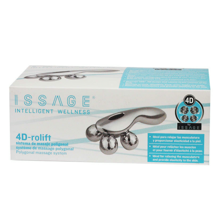 ISSAGE - 4D-ROLIFT POLYGONAL MASSAGE SYSTEM4D-rolift is designed with 4D technology that provides a 360 degree massage that adapts to any part of the body.
 Perfect to relax the musculature of neck, shoulders, back, arms, waist and thighs.
 By pressing the area to treat, the skin contracts improving elasticity.
 Direction of horizontal and vertical massage.
 Metallic, ergonomic and lightweight design.