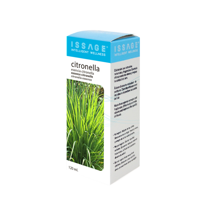 ISSAGE - CITRONELLA - Essence de désodorisant à la citronnelle 120 millilitres<h2>Idéal pour remplir les environnements de fraîcheur et de bonnes vibrations</h2>
<div style=margin-left:30px;>
<ul>
<li type=disc>Fabriqué avec des extraits et des parfums naturels</li>
<li type=disc>Pour les soins de la peau, en cas de ridules, de rides, de peau grasse et de lèvres gercées</li>
<li type=disc>120 millilitres</li>
<li type=disc>Également utilisé comme insectifuge</li>
<li type=disc><a href=/fr/catalogsearch/result/?q=essence+oil target=_self>D'autres arômes, huiles et essences sont disponibles</a></li>
</ul>
</div>
Essence liquide de citronnelle à utiliser dans les diffuseurs d'arômes, les humidificateurs, les brûleurs d'encens et autres lampes aromatiques.
 Notamment avec la gamme de diffuseurs, humidificateurs et désodorisants Issage.