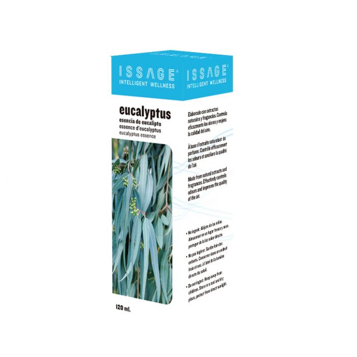 ISSAGE - EUCALYPTUS - Eucalyptus air freshener essence 120 milliliters<h2>Ideal to fill environments with freshness and good vibrations</h2>
<div style=margin-left:30px;>
<ul>
<li type=disc>Made with natural extracts and fragrances</li>
<li type=disc>With a calming, refreshing and decongestant effect</li>
<li type=disc>120 milliliters</li>
<li type=disc><a href=/eng/catalogsearch/result/?q=essence+oil target=_self>More aromas, oils and essences are available</a></li>
</ul>
</div>
Liquid eucalyptus essence for use in aroma diffusers, humidifiers, incense burners and other aromatic lamps.
 Especially with the Issage range of diffusers, humidifiers and air fresheners.