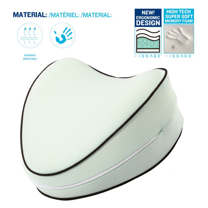 ISSAGE - OPTIMALEG - Ergonomic viscoelastic foam pillow with memory foam<h2>The orthopedic memory foam pillow with the perfect size for your legs</h2>

<div style=margin-left:30px;>
<ul>
<li type=disc>Advanced High Density Memory Foam</li>
<li type=disc>Cool, breathable design with ergonomic contouring</li>
<li type=disc>Ideal for legs, ankles and knees</li>
<li type=disc>Fits thighs comfortably</li>
<li type=disc>Promotes a better night's sleep and keeps you cooler at night</li>
<li type=disc>Natural orthopedic alignment, ideal for side resting and better sleep.
</li>
<li type=disc>The cover is removable and can be put in the washing machine</li>
</ul>
</div>


An ergonomic leg pillow designed to reduce pressure from poor sleeping posture, which causes discomfort.
 
Its new Memory Foam system, developed by Issage, makes it the only pillow to support your legs and knees.